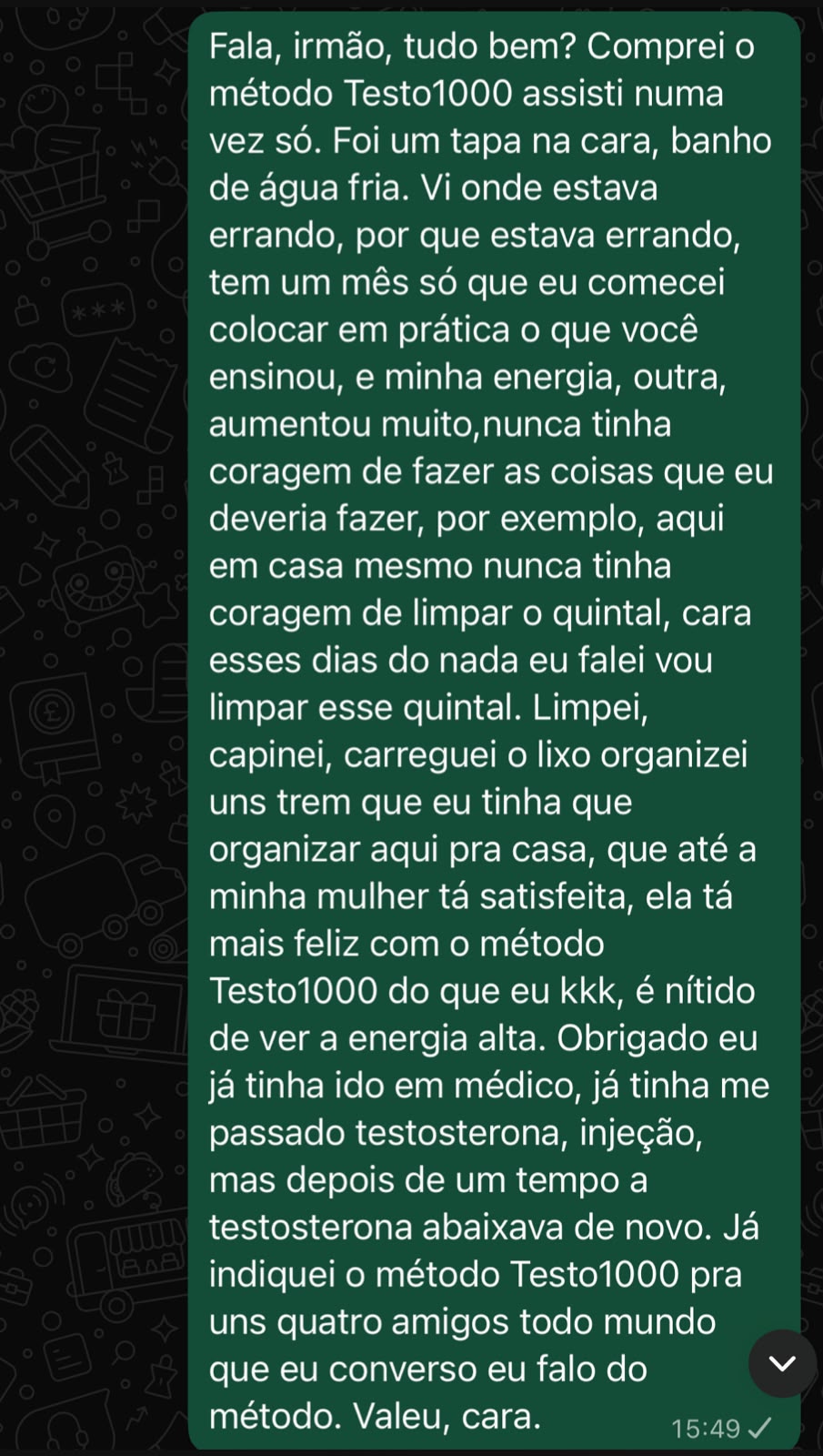 Depoimento de aluno do Método TESTO1000 via WhatsApp — 1 mês de método · WhatsApp