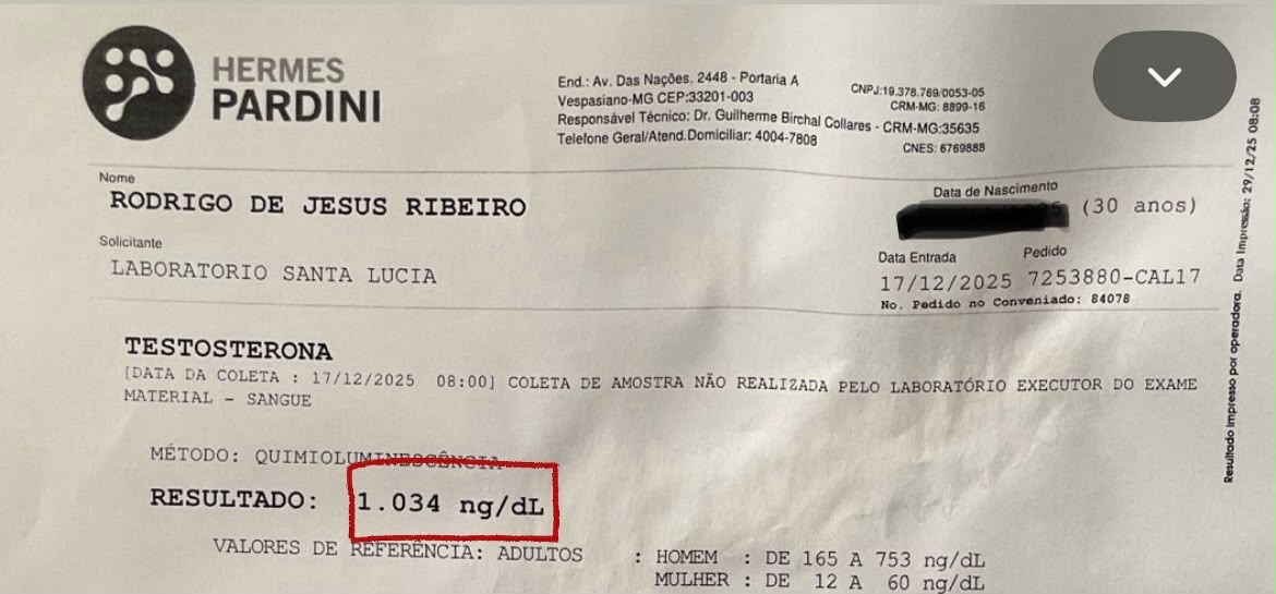 Exame de testosterona — Rodrigo · 30 anos